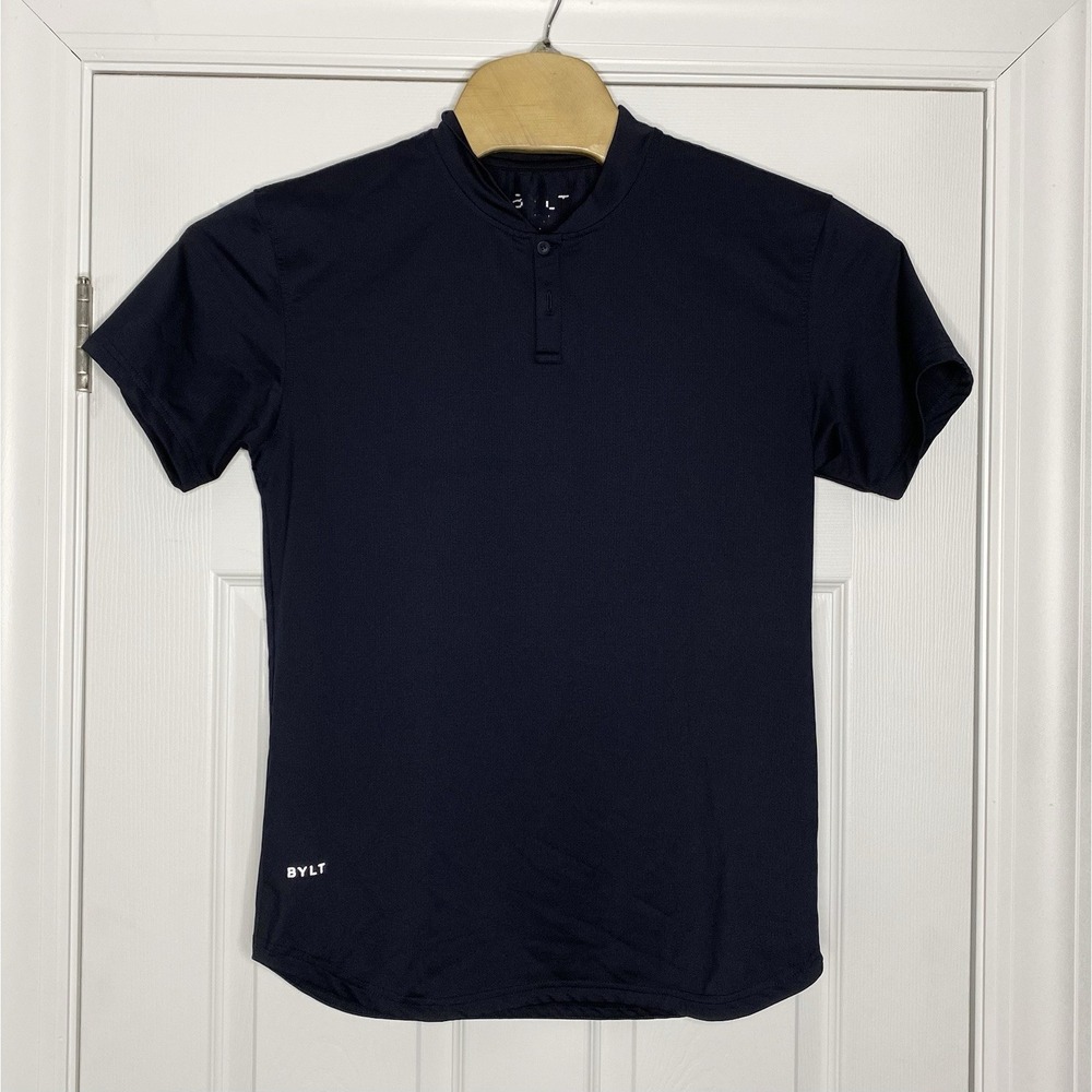 BYLT‎ Mens Blade Collar Short Sleeve Polo Shirt Navy Blue Medium- Read